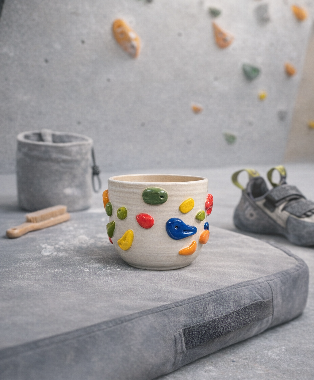 Hold Set Ceramic Mug lifestyle photo on a climbing mat