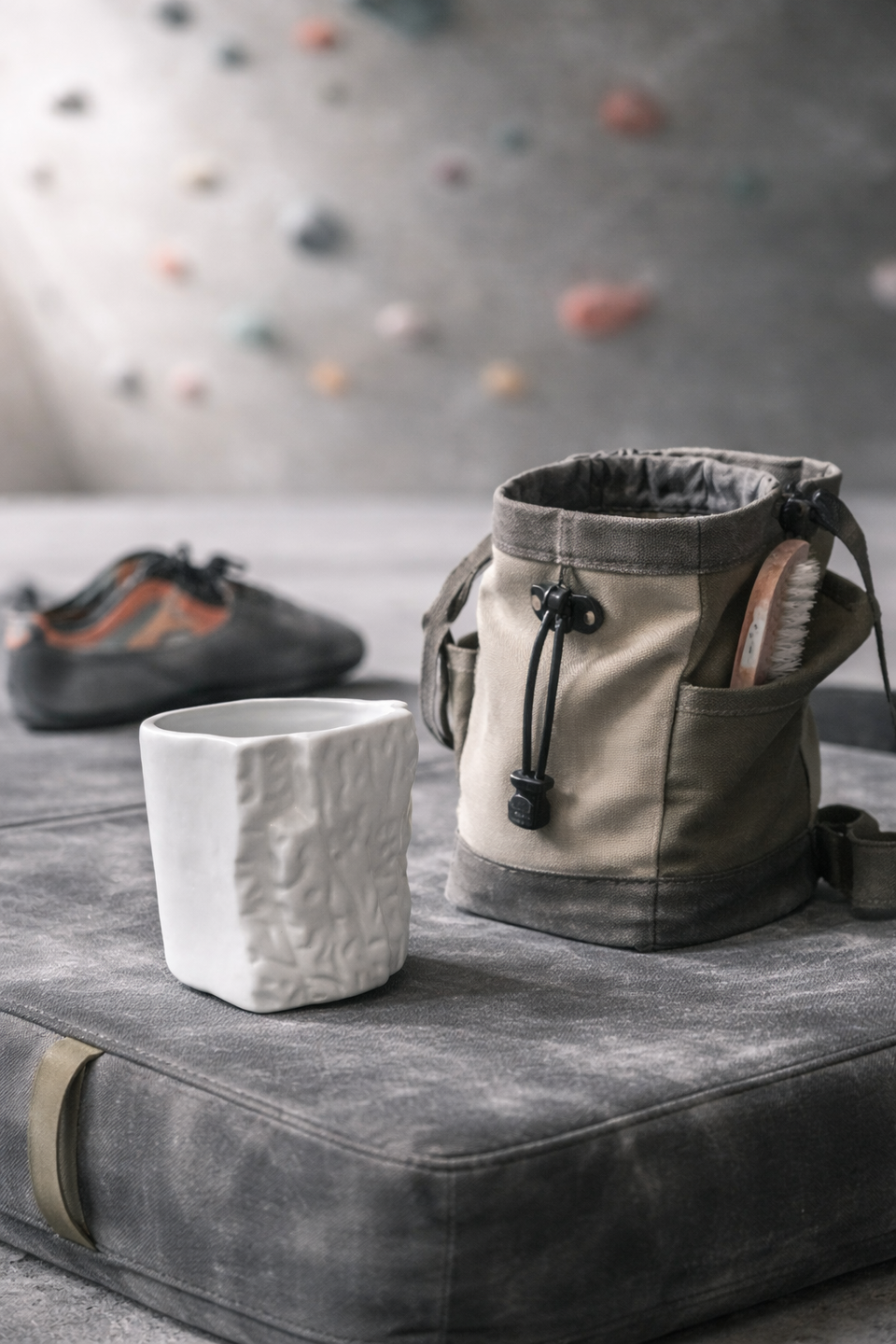Slab Texture Ceramic Mug lifestyle photo on a climbing mat